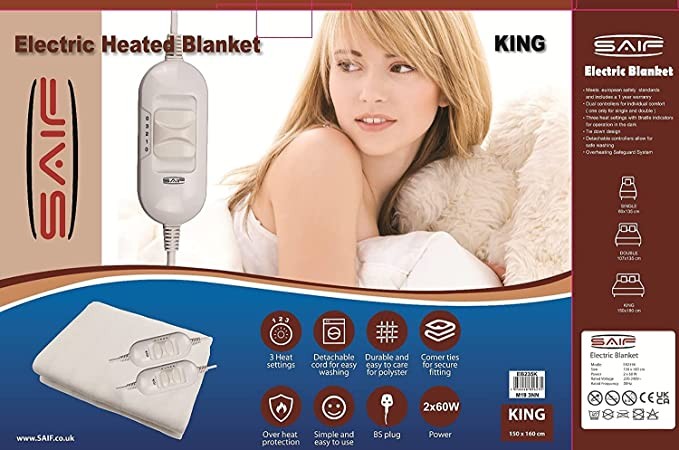 Premium Comfort King electric blanket (150x160cm)-3 heating settings, polyester, bottom blanket, digital control-overheat protection-white (king)