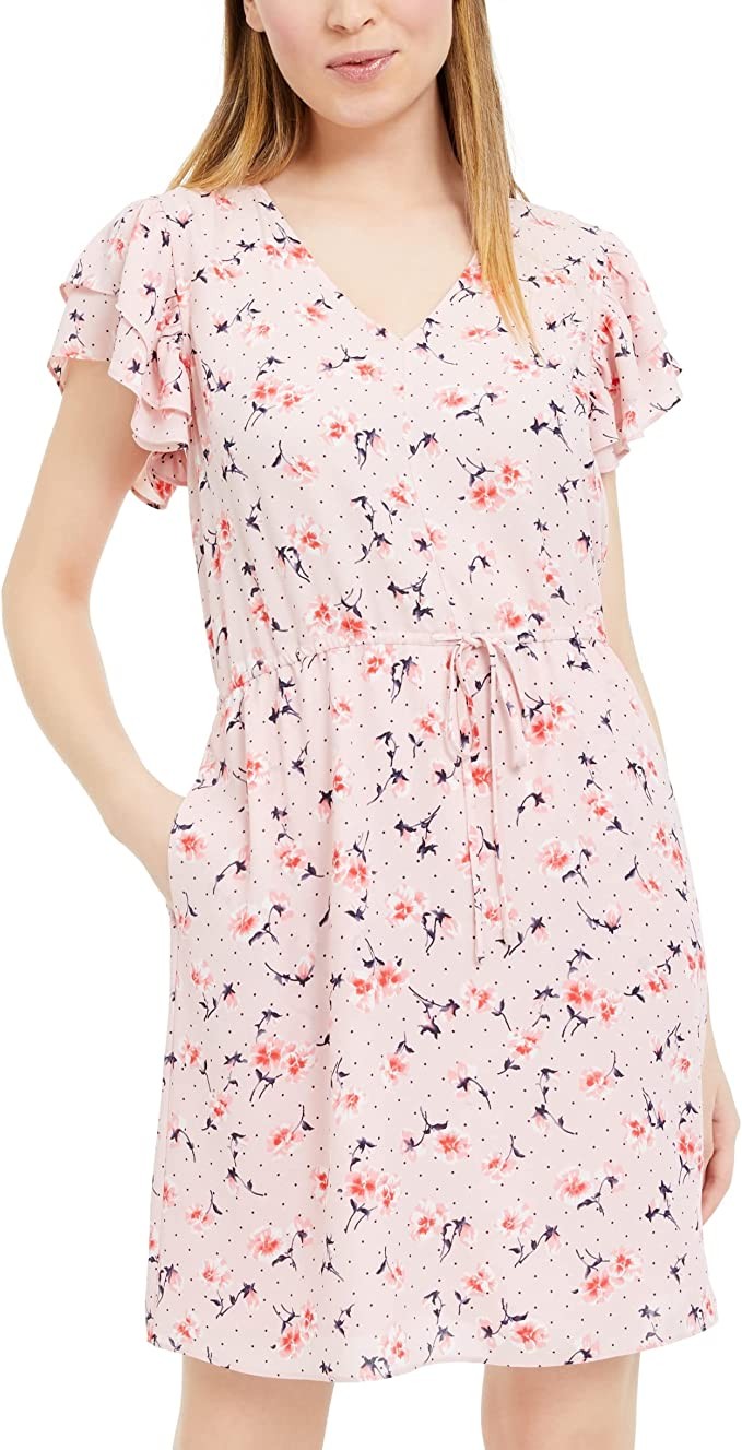 Maison Jules Print Butterfly Sleeve Dress, Flower Pot Petals, Size XXL