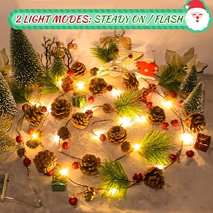 Christmas Garland with Fairy Lights 6.5FT 20 LED Battery Operated Lighted Xmas Garland Pine Cones Pre Lit Garland Christmas Home Decor for Mantle Stairs Tree Fireplace Table Indoor Outdoor Decoration